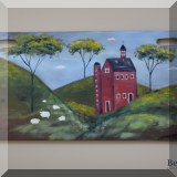 A09. Rustic barn and sheep scene on board by Cathy Connor. 16”h x 33” - $120